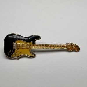 VTG Electric Guitar Lapel Pin Brooch Enamel Black & Gold-Tone Rock & Roll 1.5"
